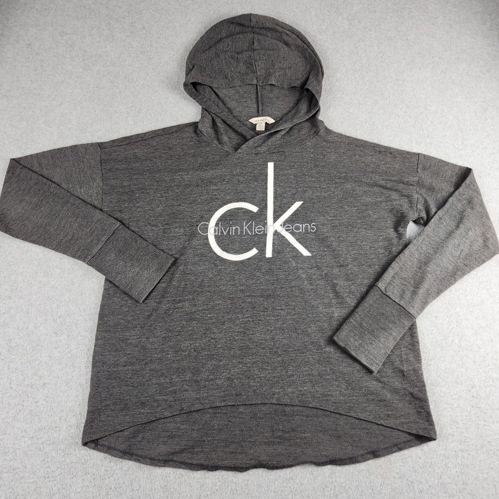 Calvin Klein Jeans Hoodie Womens Small Gray Logo Thumbhole Sleeve High Low Hem